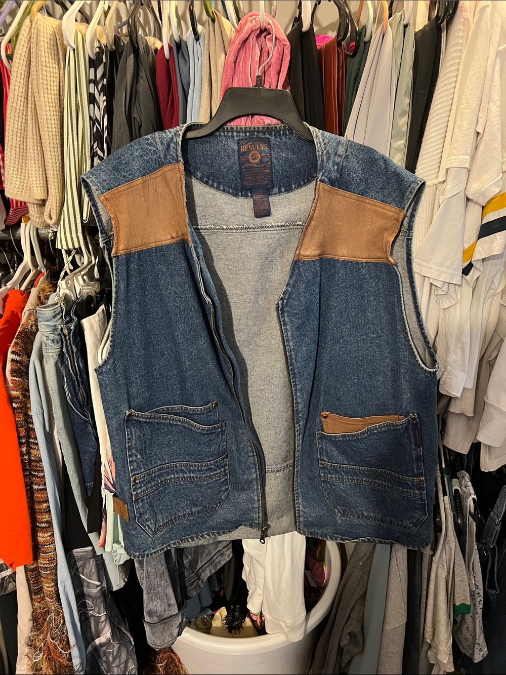 Men's Denim Utility Vest with Brown Trim